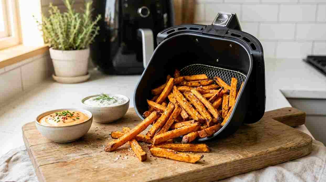 Crispy orange sweet potato fries in an air fryer basket with a small bowl of dipping sauce