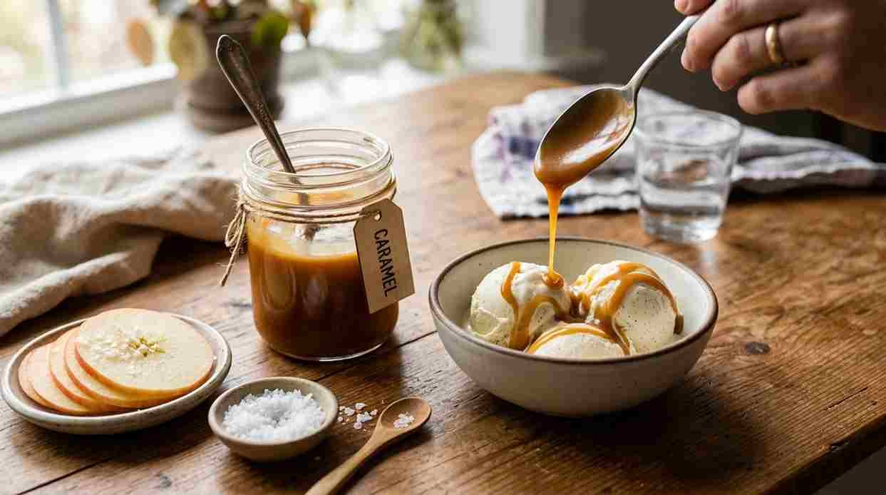 Jar of homemade caramel sauce being drizzled over vanilla ice cream