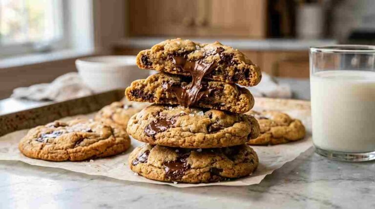 Stack of chewy chocolate chip cookies with melted chocolate chips