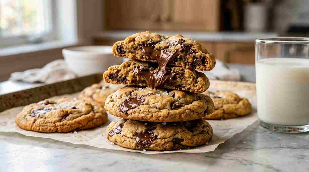 Stack of chewy chocolate chip cookies with melted chocolate chips