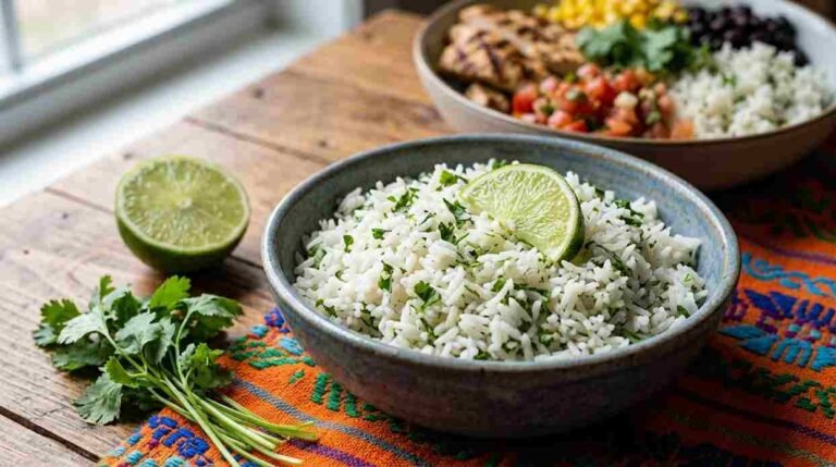 Bowl of fluffy white cilantro lime rice with chopped cilantro and lime wedges