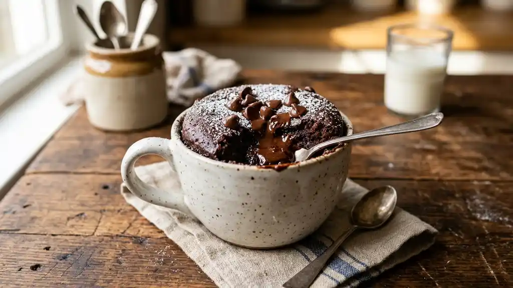 Moist microwave chocolate mug cake with melted chocolate chips on top