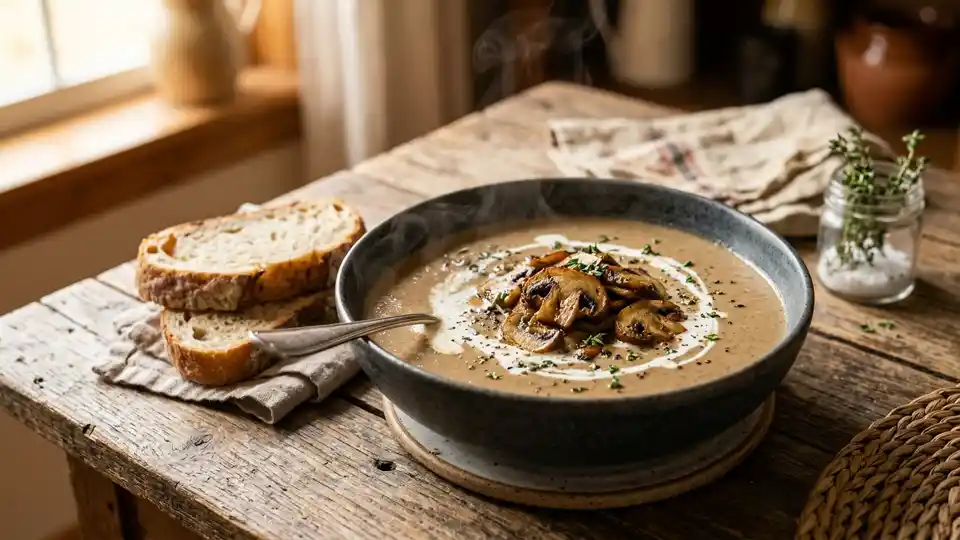 Steaming bowl of creamy mushroom soup garnished with sauteed cremini mushrooms, cream, and fresh thyme