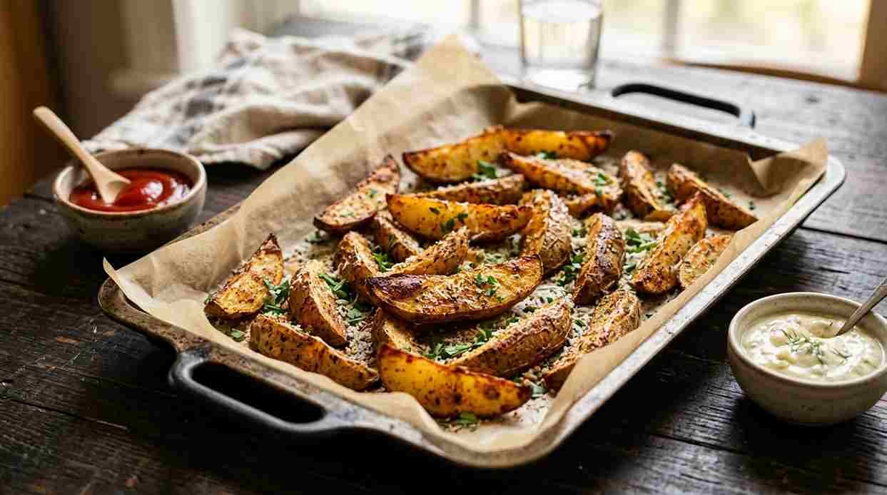 Crispy seasoned potato wedges on a baking tray with ketchup and garlic dip