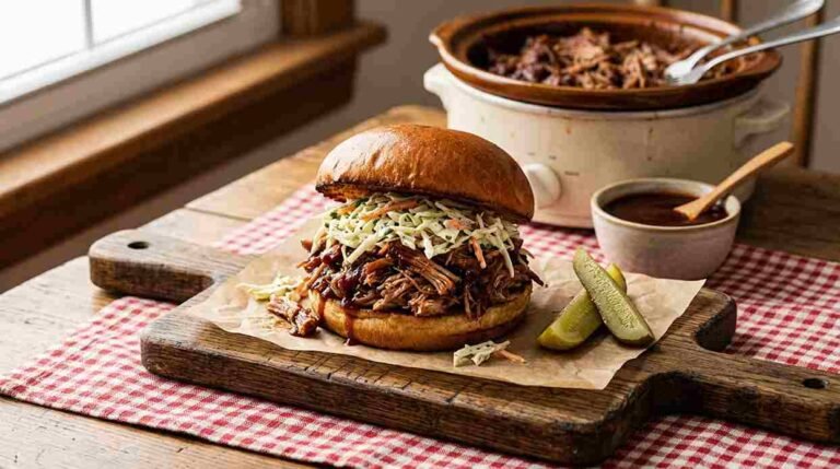 Pulled pork sandwich on a toasted bun with BBQ sauce and coleslaw
