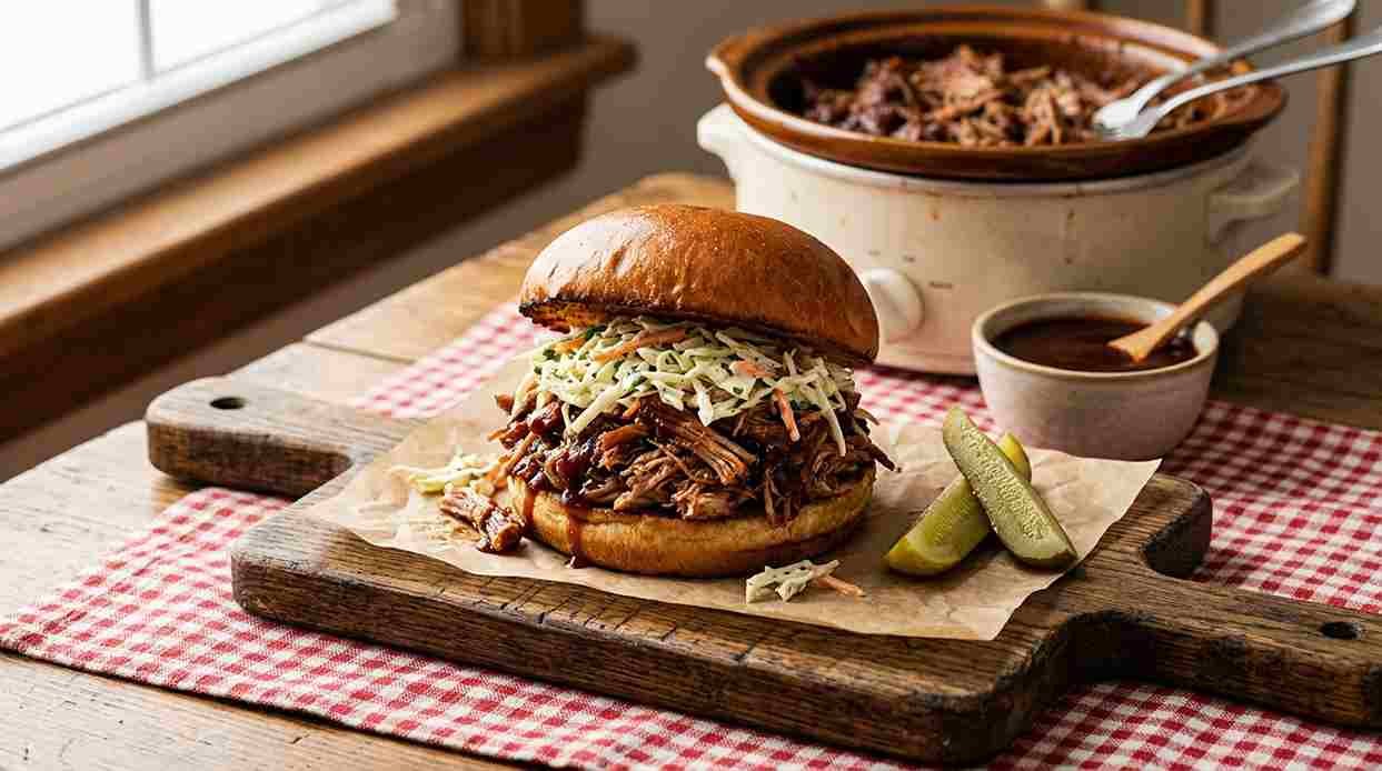 Pulled pork sandwich on a toasted bun with BBQ sauce and coleslaw