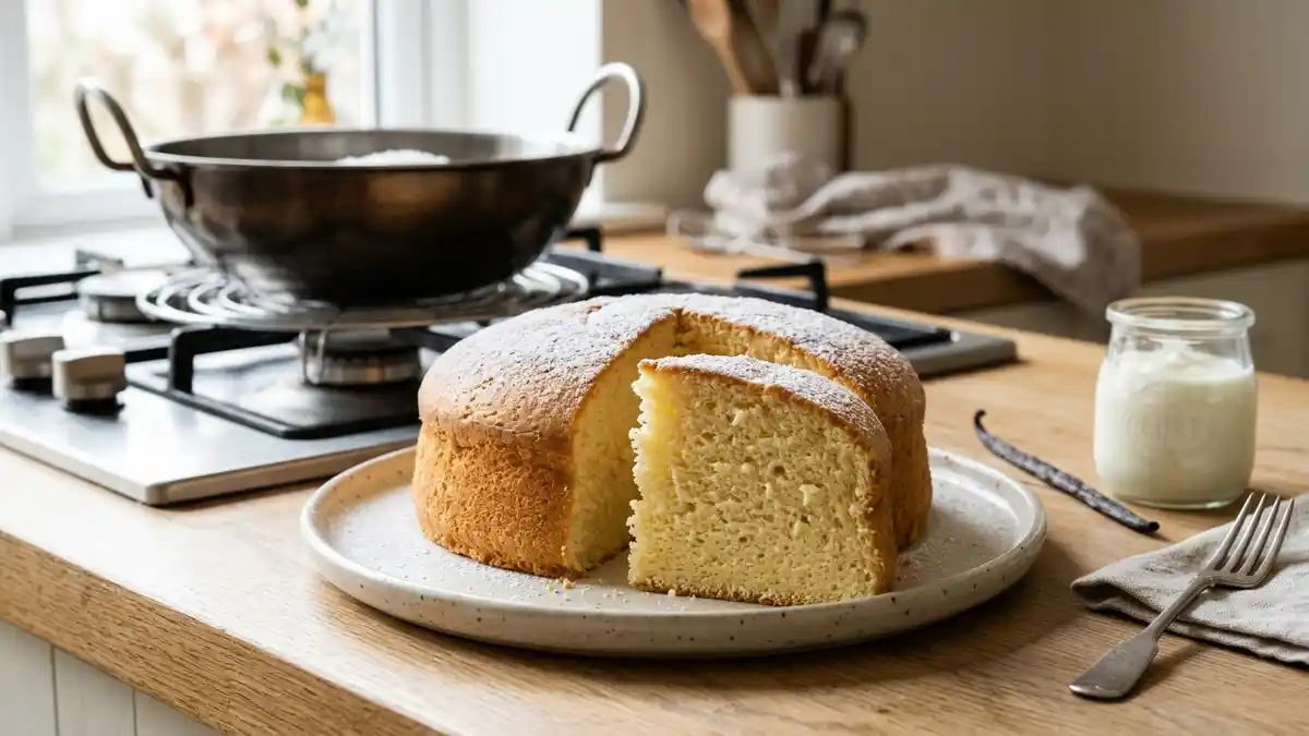 eggless vanilla sponge cake without oven soft slice on plate