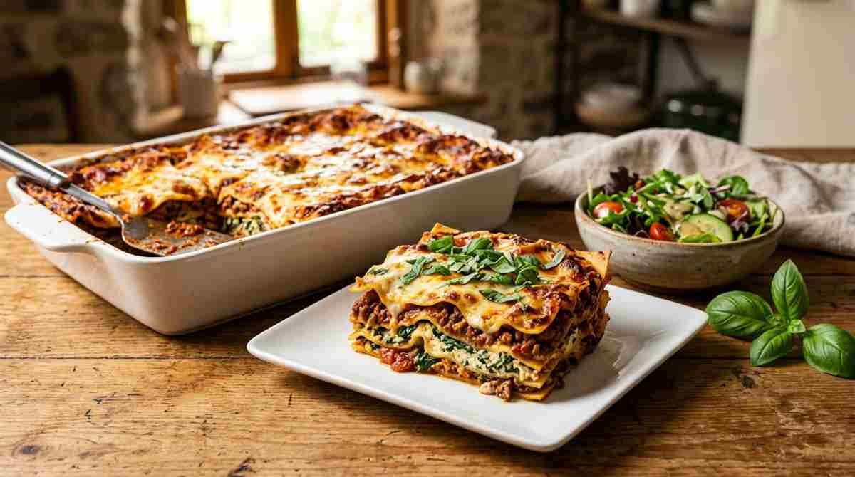 Square slice of gluten free dairy free lasagna showing layers of noodles, meat sauce and creamy filling