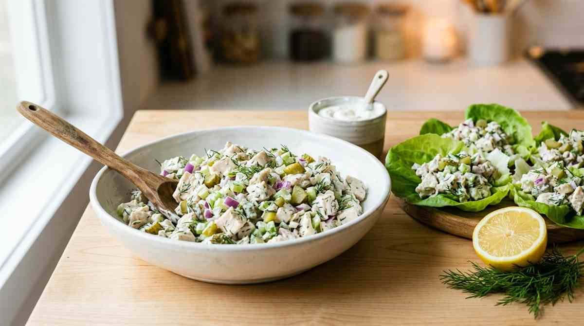 Bowl of creamy Greek yogurt chicken salad with celery, herbs and lettuce leaves