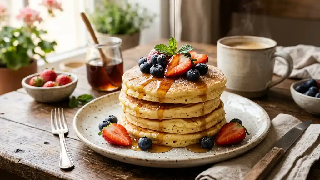 High protein cottage cheese pancakes stacked with fresh berries and maple syrup
