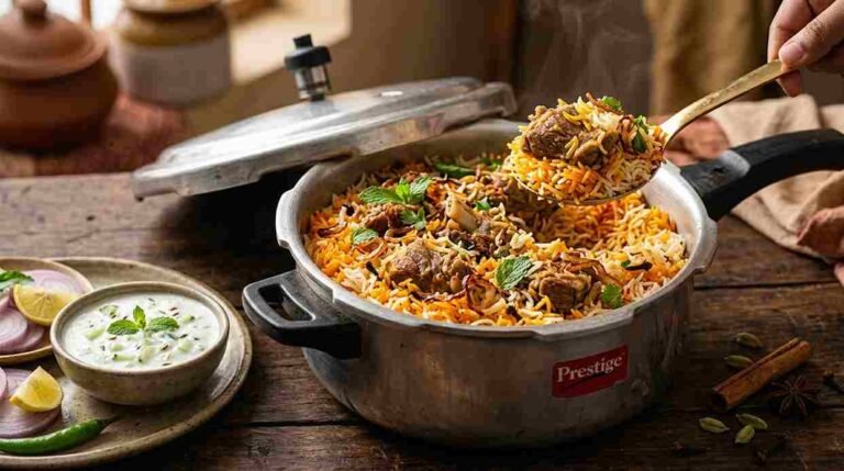 Hyderabadi mutton biryani with saffron basmati rice and fried onions served from a steel pressure cooker