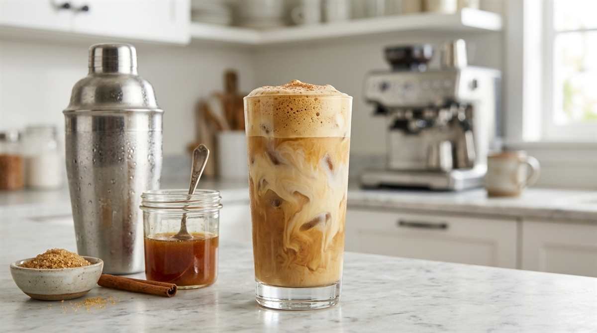 Tall glass of iced brown sugar oat milk shaken espresso with layers of coffee and oat milk