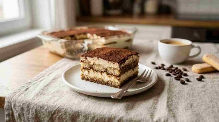 Square slice of tiramisu showing layers of coffee-soaked ladyfingers and mascarpone cream dusted with cocoa