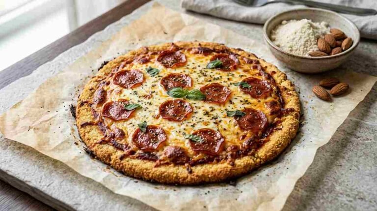 Keto almond flour pizza with pepperoni and melted cheese on parchment paper