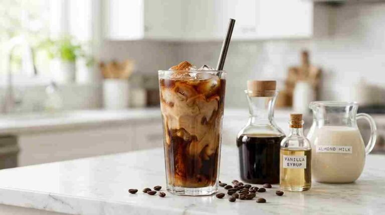 Glass of iced coffee with a splash of almond milk on a kitchen counter