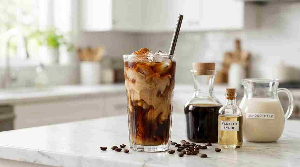 Glass of iced coffee with a splash of almond milk on a kitchen counter