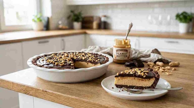 A slice of keto peanut butter pie with chocolate crust and chocolate topping on a white plate