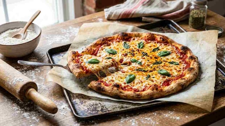 Homemade pizza with a golden crust, tomato sauce, melted mozzarella and basil