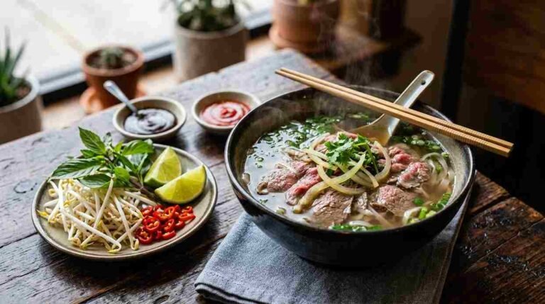 Bowl of Vietnamese beef pho with rice noodles, sliced beef, herbs, lime and bean sprouts