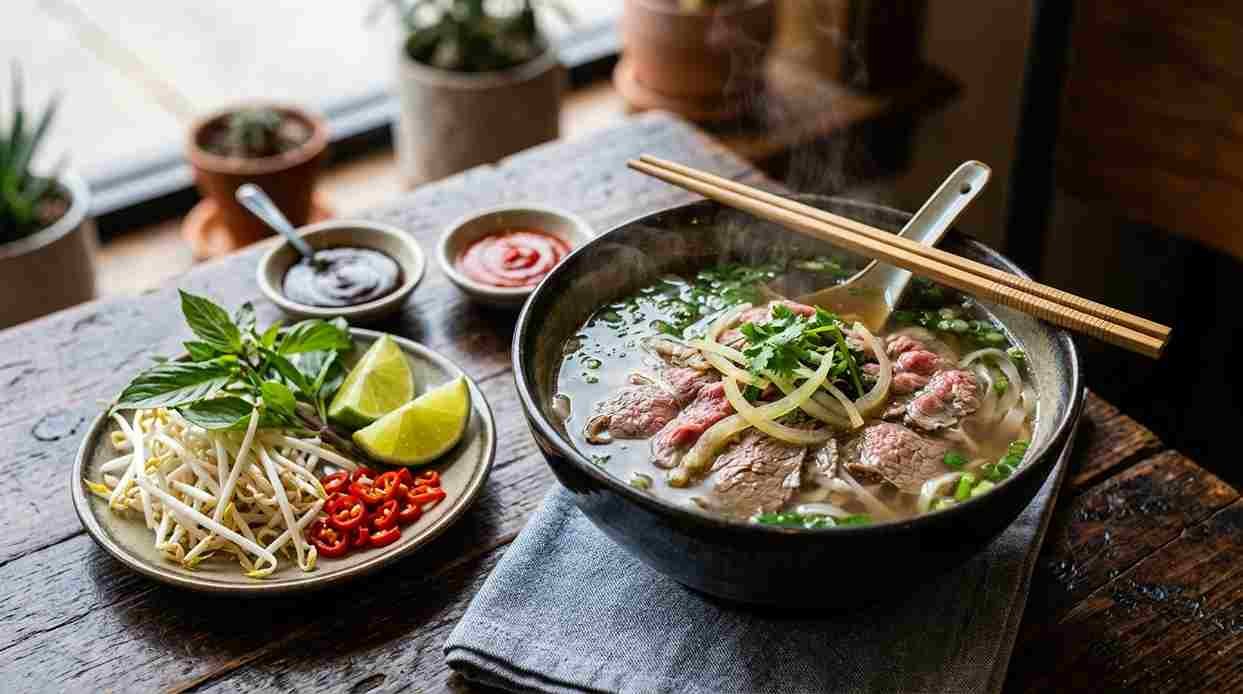 Bowl of Vietnamese beef pho with rice noodles, sliced beef, herbs, lime and bean sprouts